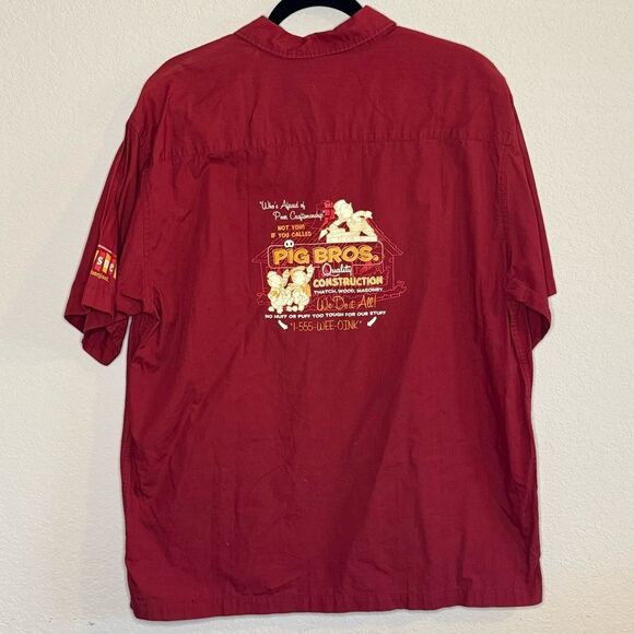 Disney Three Little Pigs Pig Bros Construction Button Up Shirt Top Size L - Picture 2 of 7